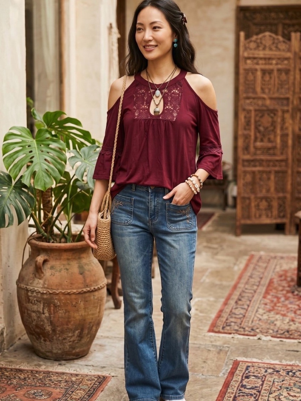 Women’s Cold-Shoulder Lace Yoke Blouse — Burgundy